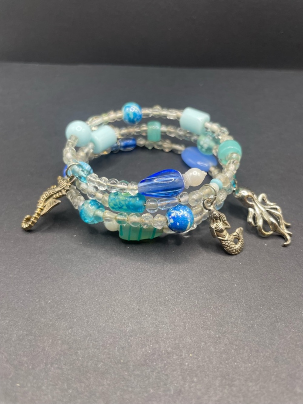 Handcrafted Blue & Aqua Beaded Coil Bracelet with Ocean Charms